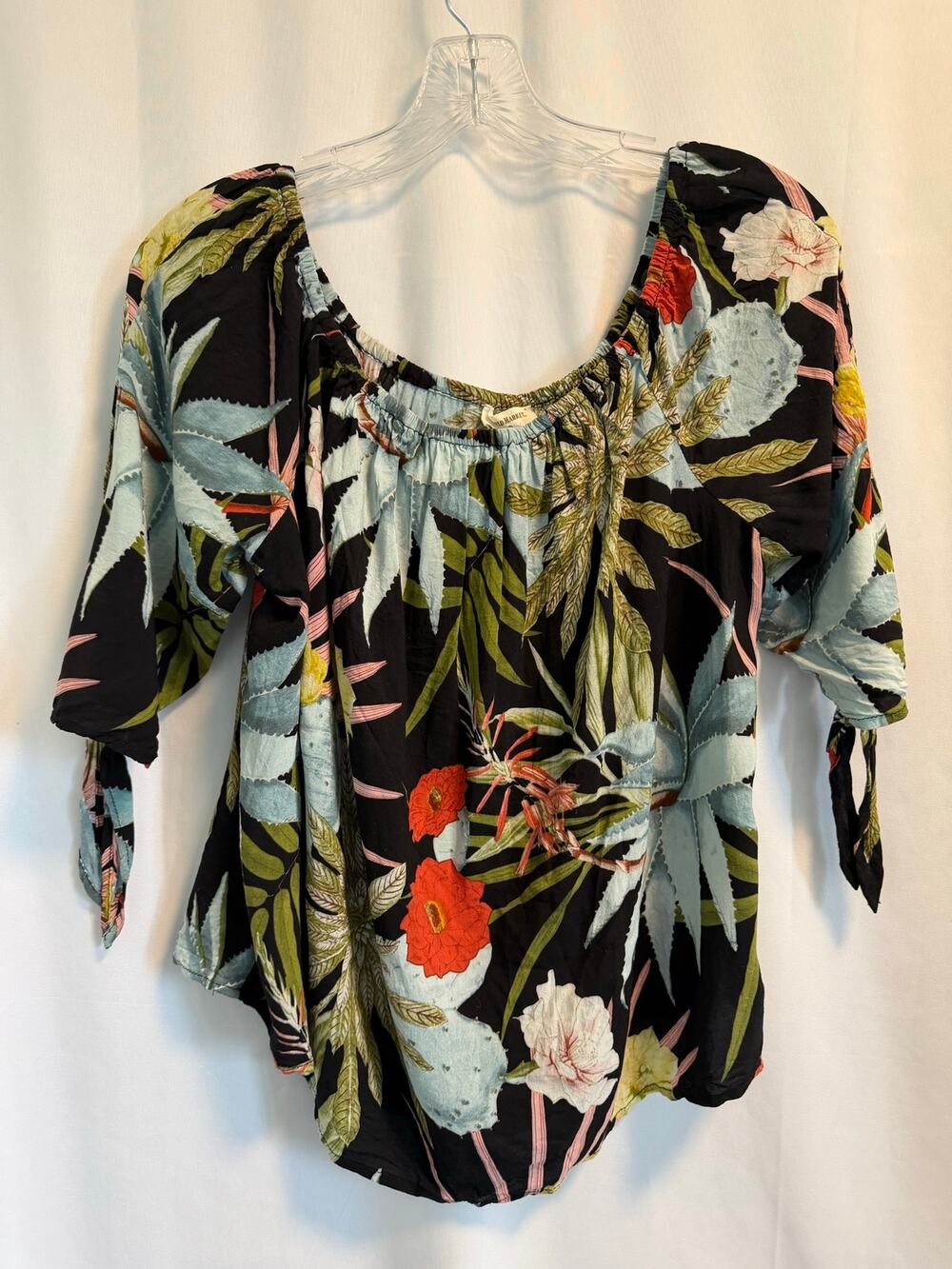 World Market | Black Tropical Floral Blouse Square Neckline & Tie Detail Sleeves